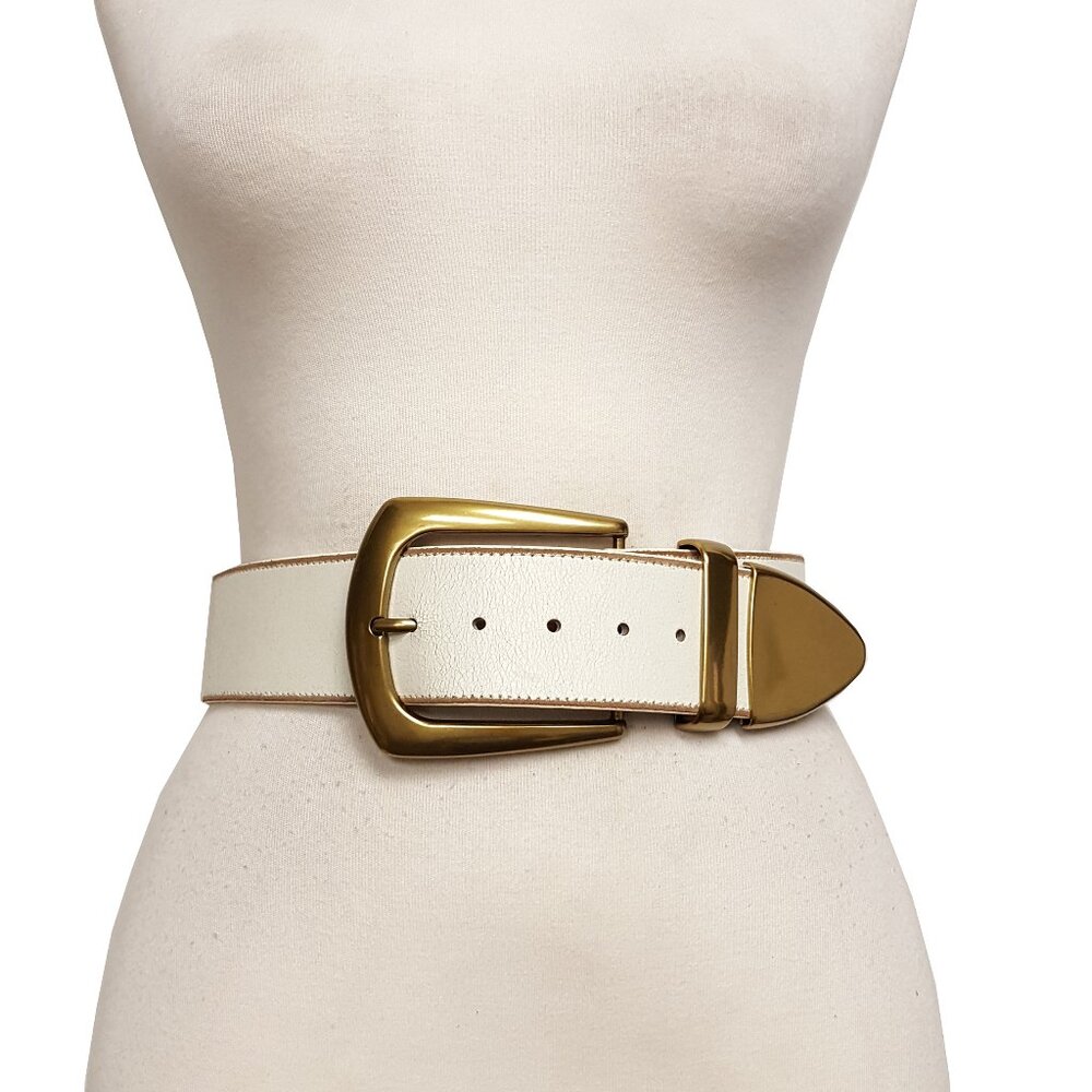 Wide width Off-White Leather belt with Statement Buckle